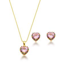 Conjunto Colar e brincos Coração rosa e Zirconias coloridas Banhadas Ouro 18k