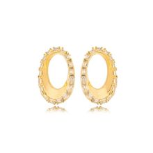 Brinco Oval Com Borda Cravejada Banhada a Ouro 18k