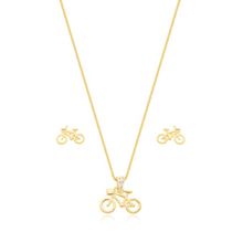 Conjunto Colar e Brincos Bicicleta Banhado a Ouro 18k
