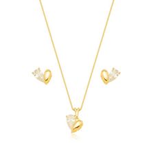Conjunto Colar e Brincos Coração com Detalhe Banhado a Ouro 18k