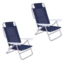 Kit 2 Cadeira Alumínio Reclinável 6 Posições Praia Mor Azul