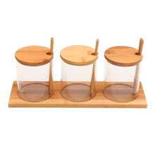 Potes de Vidro Porta Condimentos e Temperos Com Tampa e Colheres de Bambu 3 Unidades + Base