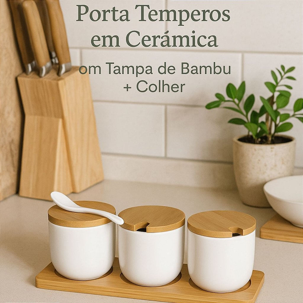 Porta Temperos 3 Divisórias Cerâmica com Tampa de Bambu e Colher - Shop ...
