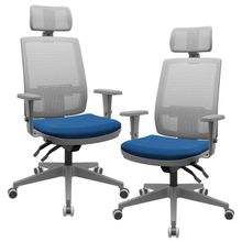 Kit 02 Cadeiras De Escritório Giratória Presidente Fritz P03 Tela Cinza Crepe Azul - Lyam Decor