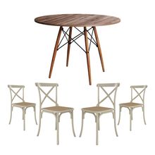 Conjunto De Mesa Eiffel Redondo Tampo De Madeira 110Cm Amêndoa Com 4 Cadeiras Katrina Off White