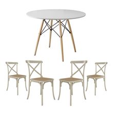 Conjunto De Mesa Eiffel Redondo Tampo De Madeira 90Cm Branco Com 4 Cadeiras Katrina Off White