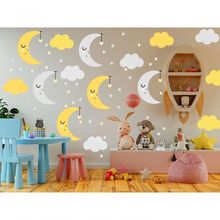 Adesivo De Parede Baby Nuvem Com Lua Vários Amarelo