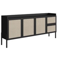 Balcão Buffet 3 Portas Oslo Artesano 183cm (largura) Mdp Nero Palha Sintética Bege Pé Madeira Maciça