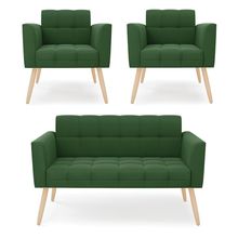 Kit 1 Sofá Namoradeira e 2 Poltronas Elisa Suede Verde Pés Palito Natural - D'Rossi