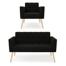 Kit 1 Sofá Namoradeira e 1 Poltrona Elisa Suede Preto Pés Palito Natural - D'Rossi