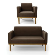 Sofá Namoradeira com Poltrona Base de Madeira Fixa Castanho Marisa Suede Marrom D03 - D'Rossi
