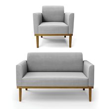 Sofá Namoradeira com Poltrona Base de Madeira Fixa Castanho Marisa Suede Cinza D03 - D'Rossi