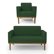 Sofá Namoradeira com Poltrona Base de Madeira Fixa Castanho Marisa Veludo Verde  D03 - D'Rossi