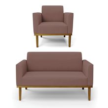Sofá Namoradeira com Poltrona Base de Madeira Fixa Castanho Marisa Veludo Rosê  D03 - D'Rossi