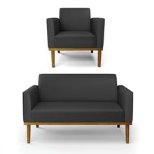 Sofá Namoradeira com Poltrona Base de Madeira Fixa Castanho Marisa Corino Preto  D03 - D'Rossi