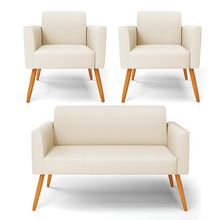 Sofá Namoradeira com 2 Poltronas Pés Palito Castanho Marisa Linho Bege A19 D03 - D'Rossi