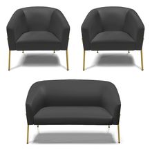 Namoradeira e 2 Poltronas Pé de Ferro Dourado Stella Sintético Preto D03 - D'Rossi
