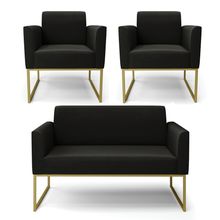 Sofá Namoradeira com 2 Poltronas Base Industrial Dourado Marisa Suede Preto D03 - D?Rossi