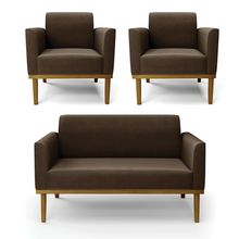 Sofá Namoradeira com 2 Poltronas Base de Madeira Fixa Castanho Marisa Suede Marrom D03 - D'Rossi