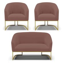 Namoradeira e 2 Poltronas Industrial Dourado Stella Veludo Rosê D03 - D'Rossi