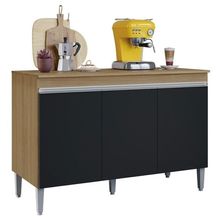 Balcão De Cozinha Manu 120cm 3 Portas Com Tampo Amêndoa/Preto