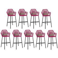 Kit 09 Banqueta Alta Com Encosto Sttar Ferro Preto Fibra Pink Almofada Bege