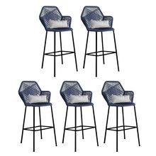 Kit 05 Banqueta Alta Com Encosto Balcão Ferro Preto Fibra Azul Marinho Almofada Sintético Branco