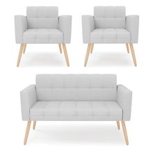 Kit 1 Sofá Namoradeira e 2 Poltronas Elisa Linho Cinza A05 Pés Palito Natural - D'Rossi