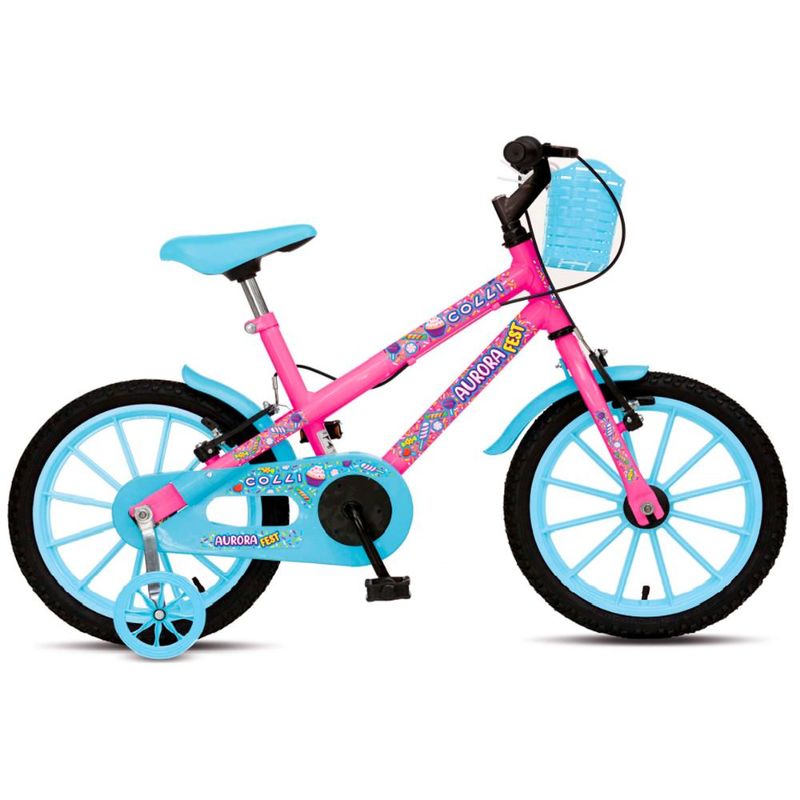 Bicicleta Infantil Aurora Fest Colli Aro-16 Com Freios V-Brake, Rodas de  Apoio e Cestinha - Rosa e Azul