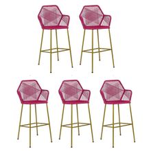 Kit 05 Banqueta Alta Com Encosto Sttar Cozinha Balcão Ferro Dourado Fibra Pink