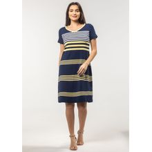 Vestido Pau a Pique Listrado Amarelo e Azul Marinho
