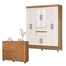 Cômoda Flora E Guarda Roupa Casal Munique Amêndola Off White Com Espelho - Demóbile