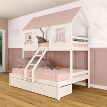 Beliche Casal/ Solteiro Casinha Encantada Com 02 Gavetas Madeira Maciça Branco/ Rosa Megamobilia