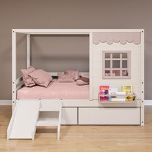 Cama Casinha Gavetas Escorregador Madeira Branco-Rosa
