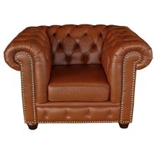 Poltrona Chesterfield com Pés Madeira Couro Conhaque Brilho