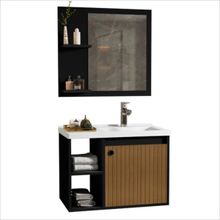 Conjunto Gabinete c/ Espelheira e Cuba p/ Banheiro 60cm Adonis Preto Ripado