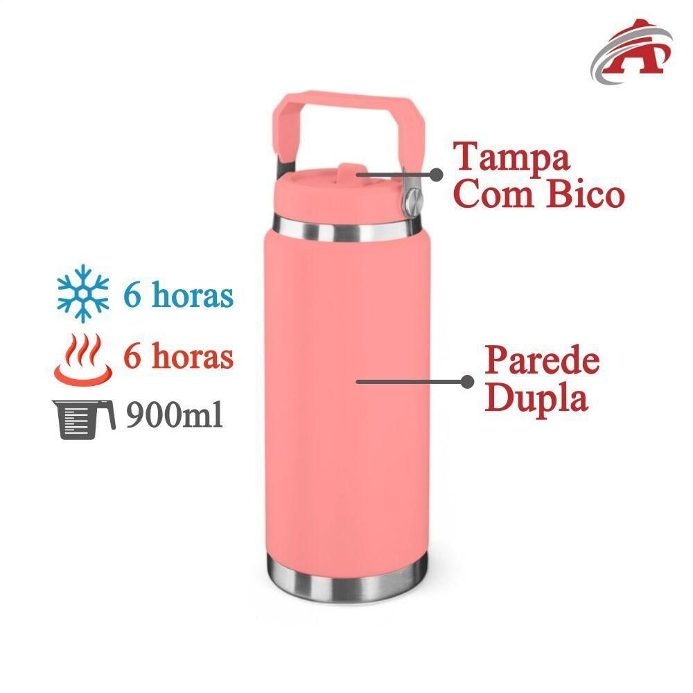 Garrafa Térmica Parede Dupla Em Aço Inox Rosa 900ml Com Alça