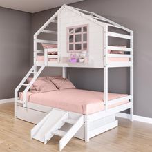 Treliche Casinha Com Janela Casal-Solteiro Com Escada-escorregador Madeira Maciça Branco- Rosa