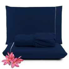 Jogo Cama Lençol Unique King 400 Fios Ponto Palito 3 Peças - Azul Marinho