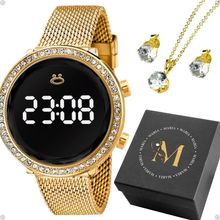 Relogio Feminino Aço Digital + Brinco Colar Strass + Caixa Social Presente Silicone Dourado Banhado