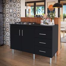 Kit Bancada Ilha Para Cozinha + Balcão Para Cooktop 1,20m 5 Bocas 2 Portas E 3 Gavetas Turim Preto Preto