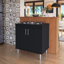 Kit Bancada Ilha Para Cozinha + Balcão Para Cooktop 0,80m 5 Bocas 2 Portas Turim Preto Preto