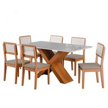 Conjunto De Mesa Sala De Jantar Tampo Com Vidro 1,60m Grécia 6 Cadeiras Santiago Dobuê Madeirado Off White