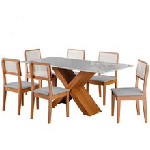 Conjunto De Mesa Sala De Jantar Tampo Com Vidro 1,80m Grécia 6 Cadeiras Santiago Dobuê Madeirado / Cinza