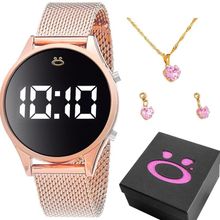 Relogio Digital Led Feminino + Colar Strass + Brinco + Caixa Rose Pulseira Ajustavel Ajustavel Led