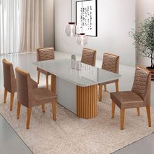 Conjunto Mesa Jantar Aspen Tampo Mdf Vidro 6 Cadeiras Eloise Moderna Tork Off White Naturale