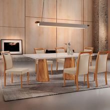 Mesa Noronha 180cm Tampo Com Vidro Laqueado Com 6 Cadeiras Linho Premuim Imbuia Natural Off White