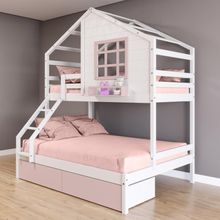 Beliche Casinha Com Janela Casal/solteiro 02 Gavetas Rosa Madeira Maciça Branco/ Rosa Housin