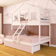 Beliche Casal/ Solteiro Casinha Dos Sonhos Com 02 Gavetas Madeira Maciça Branco/ Rosa Megamobilia