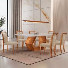 Mesa Ane 180 Tampo Com Vidro Laqueado Com 6 Cadeiras Livia Linho Premuim Imbuia Natural Off White